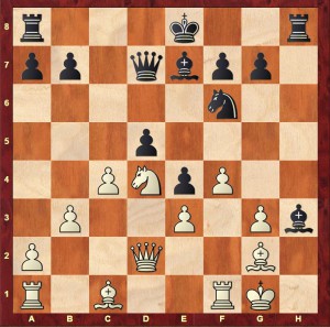 The position from Haria-Sadler 4NCL 2016 after Black's 17th move (17...Bh3)