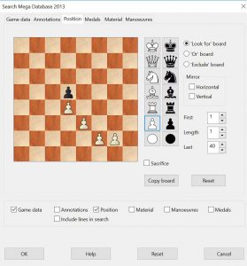 2nd Chessbase Search screen, selecting a structure to search for.