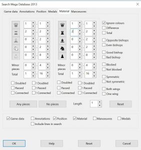 3rd Chessbase Search screen, selecting the minimum number of pieces on the board